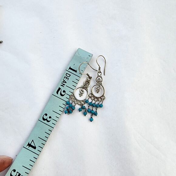 Handmade Sterling Silver Earrings Natural Stone Turquoise Boho Beaded Chandelier - Picture 2 of 4